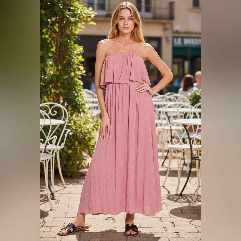Zenana Woven Crinkle Strapless Maxi Dress